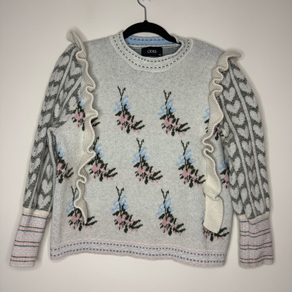 CIDER Cottagecore Floral Ruffle Shoulder Knit Kawaii Lolita Longsleeve Sweater